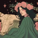 A Taurus woman with flowers on her head holds a bull