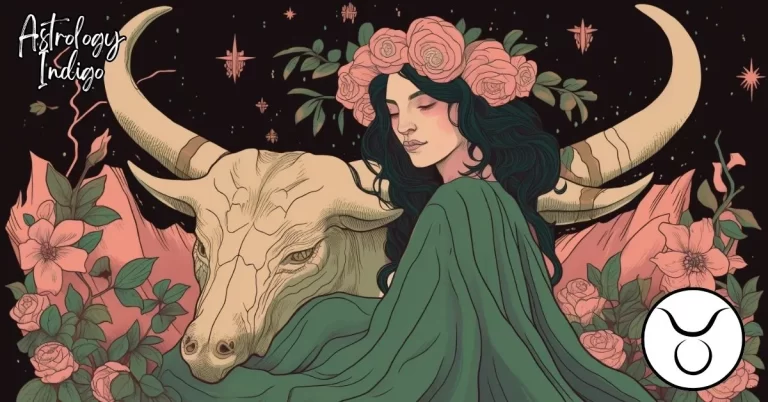 A Taurus woman with flowers on her head holds a bull
