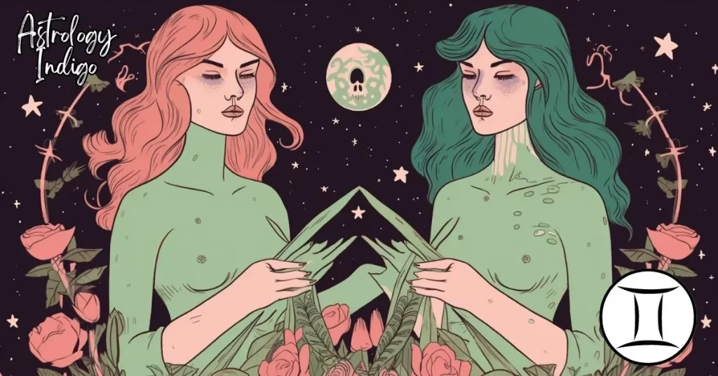 Two Gemini women meditate under the stars across from each other like a mirror