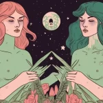 Two Gemini women meditate under the stars across from each other like a mirror