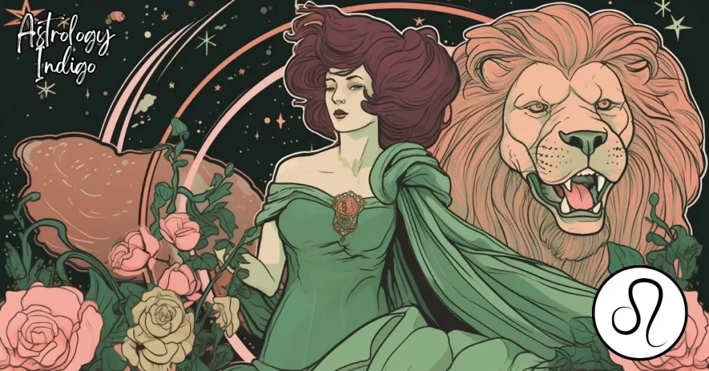A Leo woman in a green dress floats with a roaring lion in space
