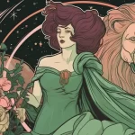 A Leo woman in a green dress floats with a roaring lion in space