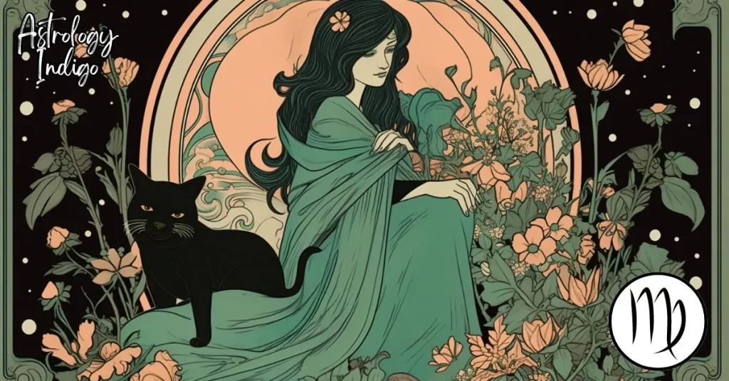 A Virgo woman sits in front of flowers while a black cat lays on her dress