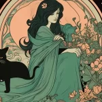 A Virgo woman sits in front of flowers while a black cat lays on her dress