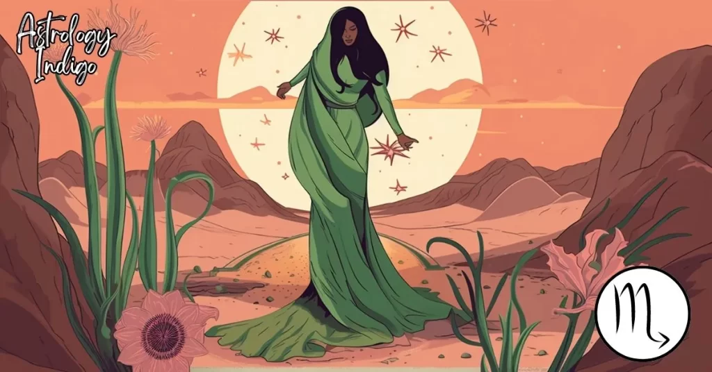 A Scorpio woman walks through the desert wearing a green robe in front of the setting sun.