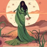 A Scorpio woman walks through the desert wearing a green robe in front of the setting sun.