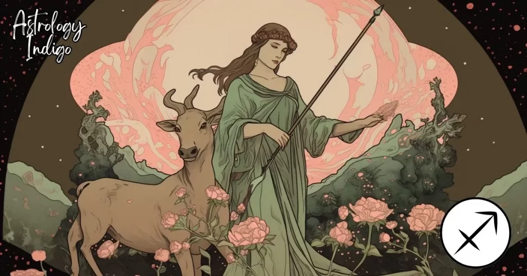 A Sagittarius woman stands with an arrow in her hand near a deer in a flower patch