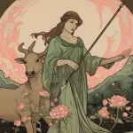 A Sagittarius woman stands with an arrow in her hand near a deer in a flower patch