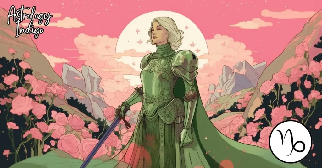 A Capricorn woman wearing green armor stands in a field of pink flowers under the mountains and moon