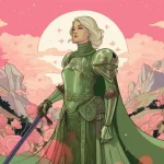 A Capricorn woman wearing green armor stands in a field of pink flowers under the mountains and moon