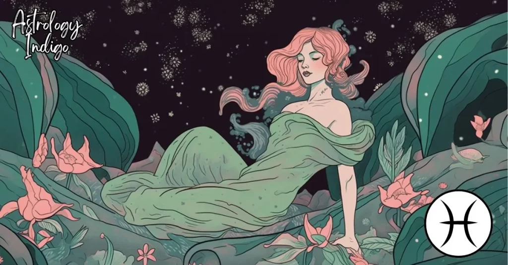 A Pisces woman lays on the ocean floor in a green dress surrounded by flowers
