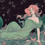 A Pisces woman lays on the ocean floor in a green dress surrounded by flowers