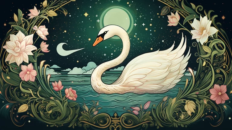 A Golden Swan is gracefully swimming in a lake at night in front of the moon