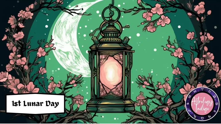 An image of a lantern with green and pink color in front of the moon representing the 1st lunar day