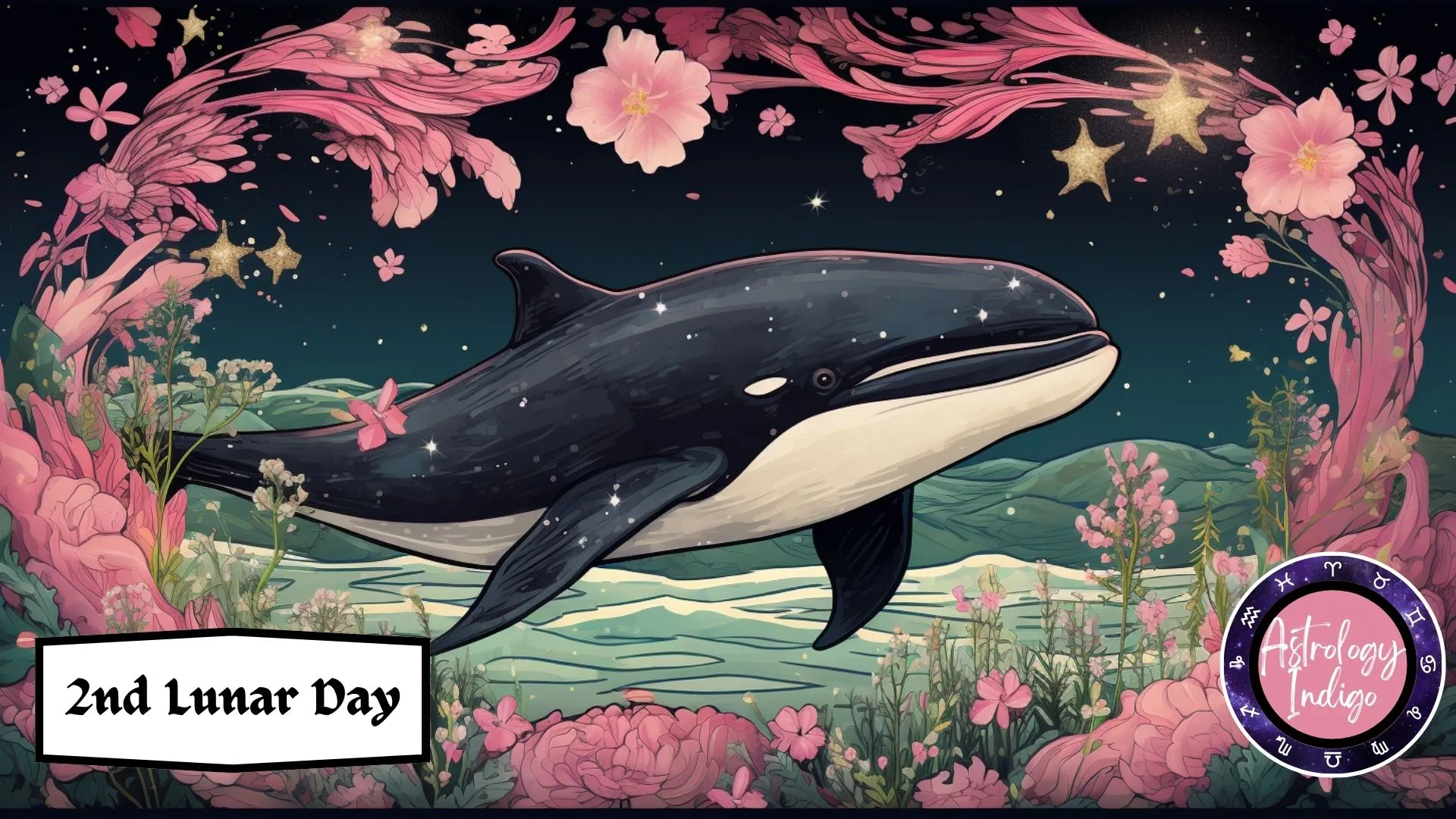 A Whale floats among the stars, there is a pink and green banner of flowers along the edges