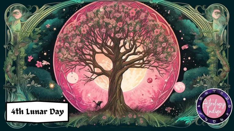 A massive tree is on a hill in front of a giant pink moon in the night sky surrounded by flowers