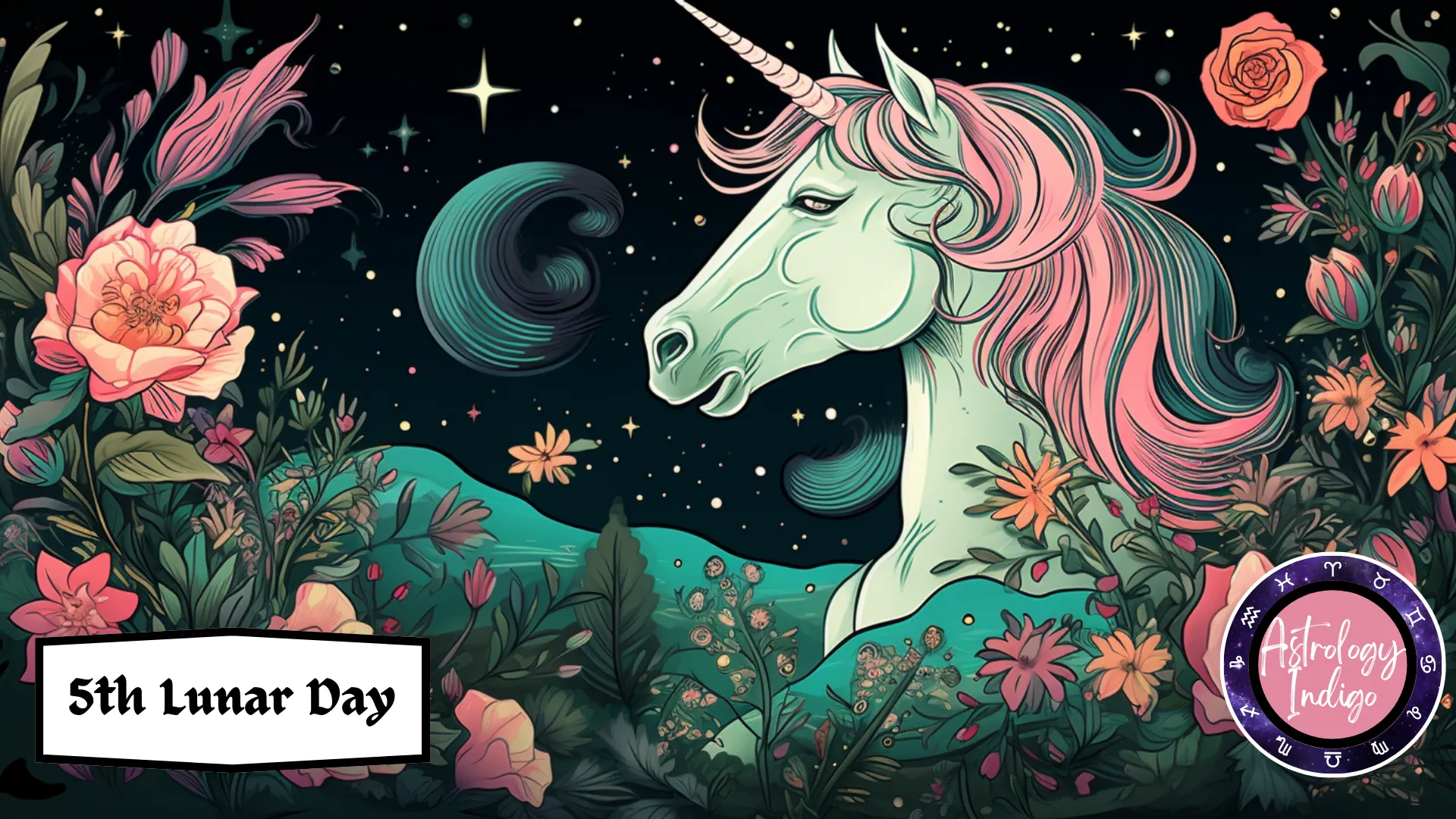 A Unicorn with a pink mane and horn is looking to the moon and stars surrounded by flowers