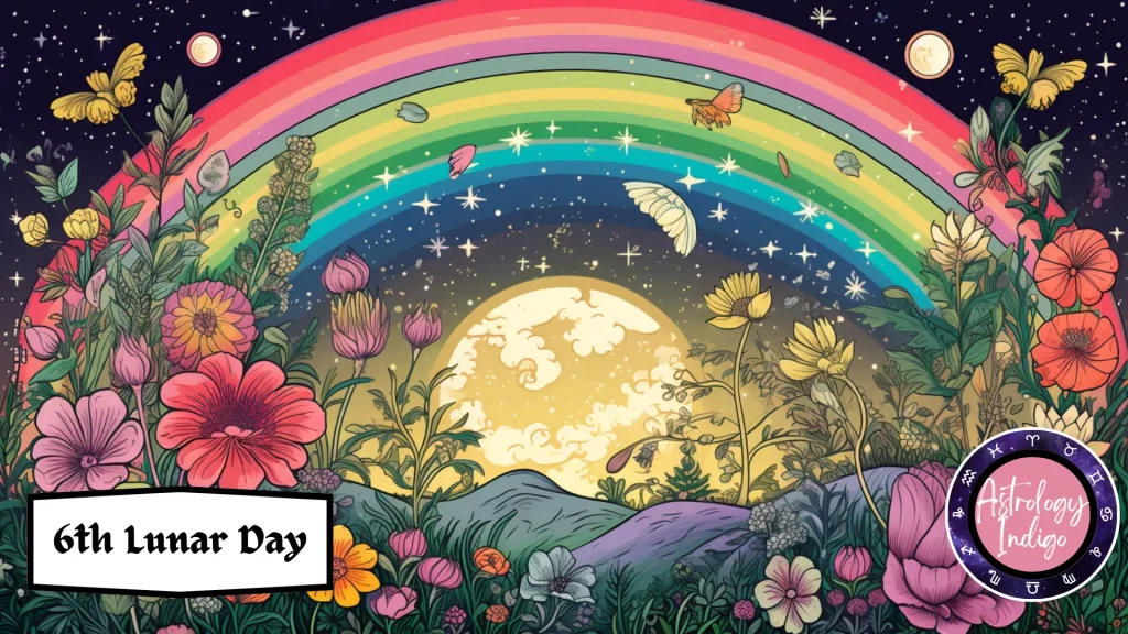 A Rainbow of all colors glows over a bright moon surrounded by flowers in a valley