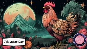 A rooster is in a field of flowers in front of the moon and stars