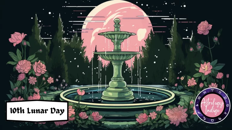 A multi-layered fountain drips water into its base layer in front of the moon at night surrounded by flowers