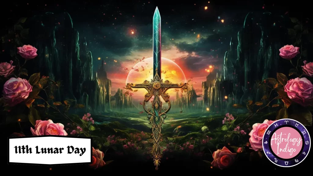 A Golden Fiery Sword sits in front of a rising moon surrounded by cliffs, flowers, and stars