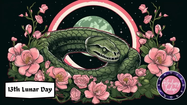 A snake wrapped around itself in front of the moon and flowers