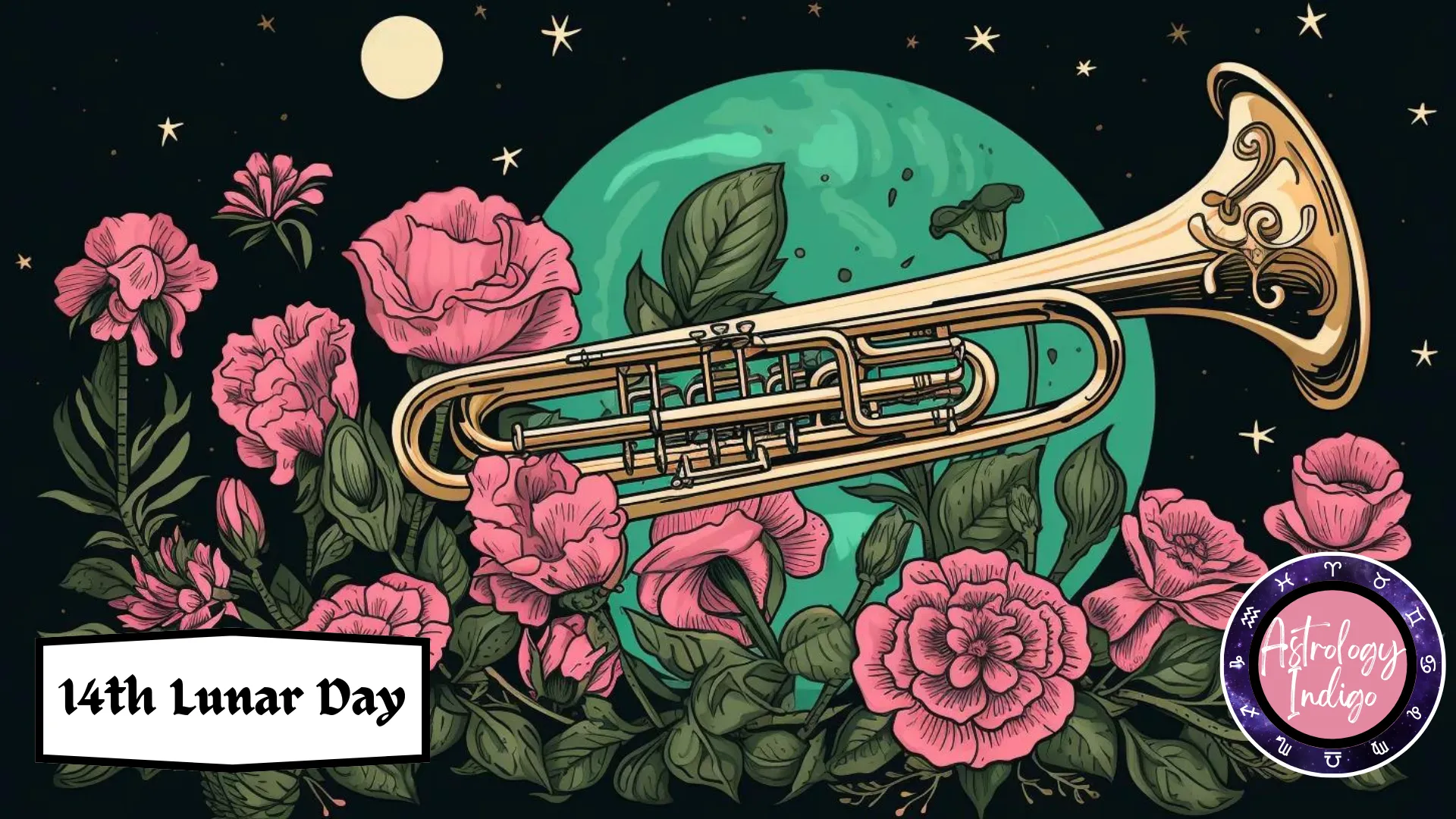 A trumpet sits on top of flowers in front of the moon