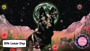 A Jackal sits in front of the full moon surrounded by mountains and flowers