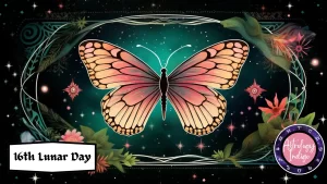 A Butterfly floats in space in front of the stars and flowers