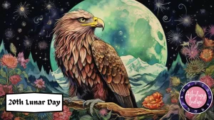 An eagle is perched in front of mountains and the moon surrounded by flowers