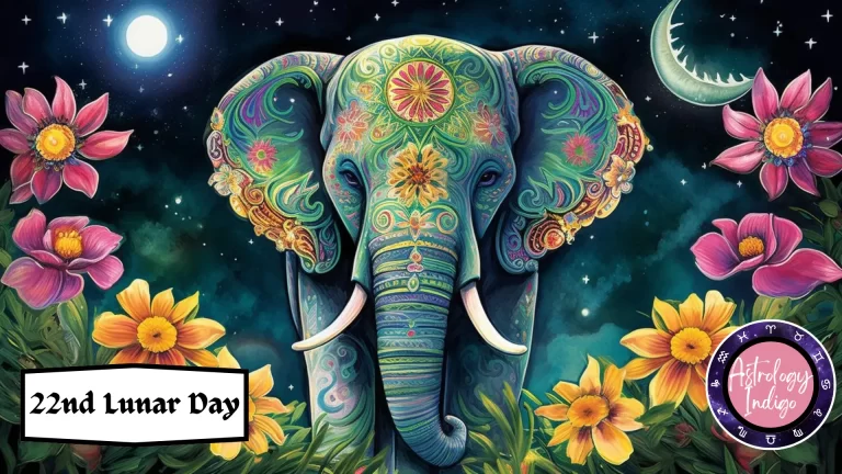 A mystical elephant covered in markings stands in a field of flowers in front of the moon and stars