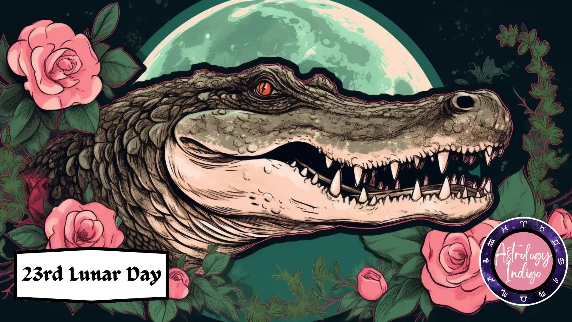 A crocodile's head peaks out from some flowers in front of the moon very menacingly.