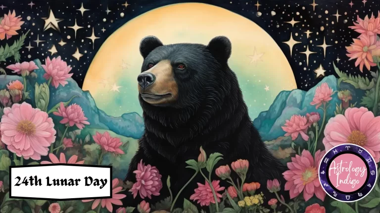 A bear sits and ponders in a field of flowers in front of the moonflowers