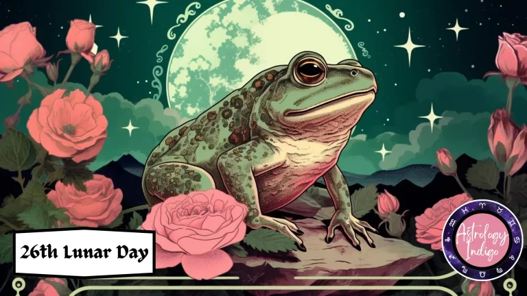 A toad sits on a rock in front of the moon surrounded by flowers
