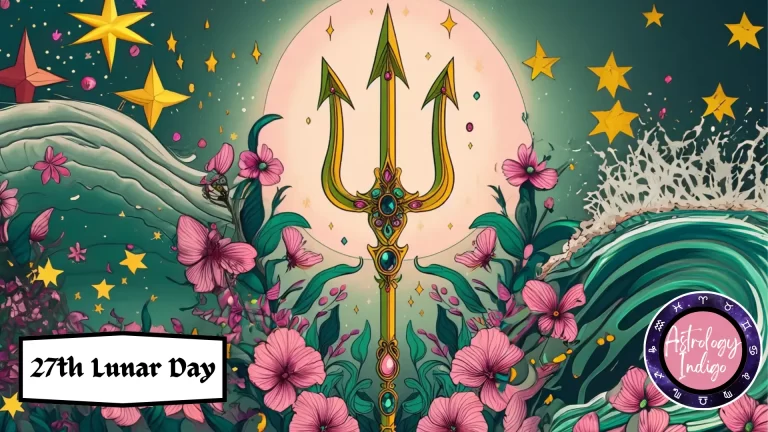 A golden trident shoots up from the sea and is surrounded by pink flowers in front of the moon