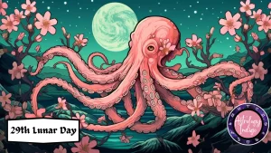 A Pink Octopus is floating above the sea and in a flowering tree in front of the moon