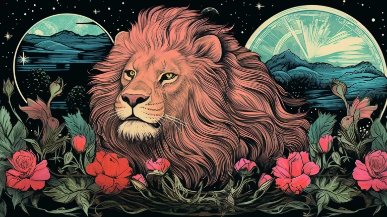 A Lion representing Leo looks into the wind surrounded by flowers in front of the moon