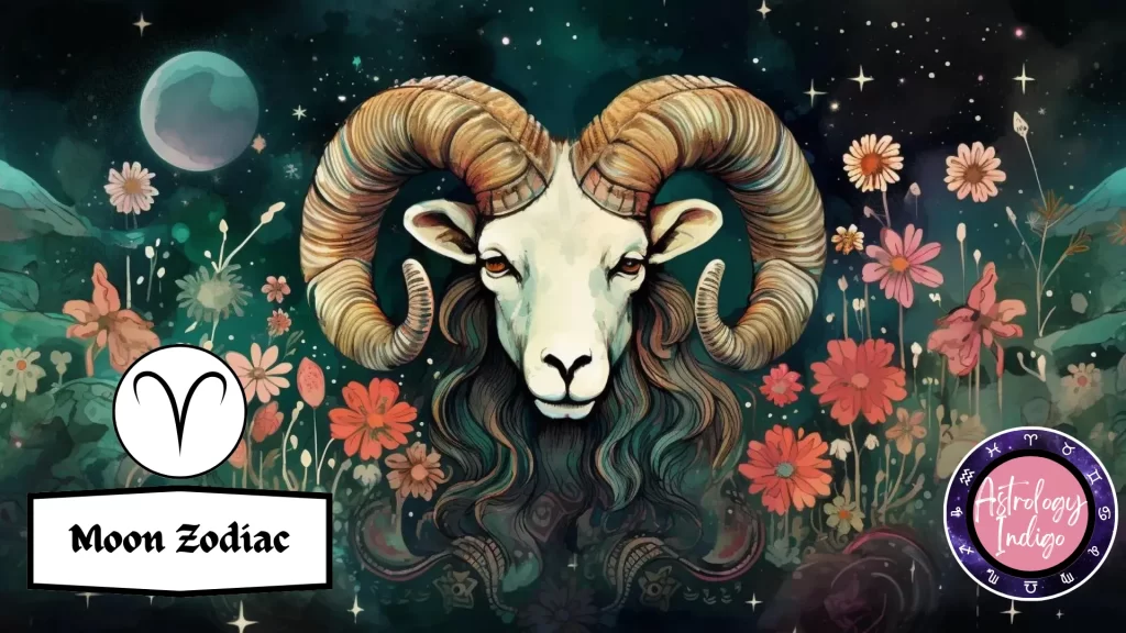 An Aries Ram sits in front of the moon surrounded by flowers