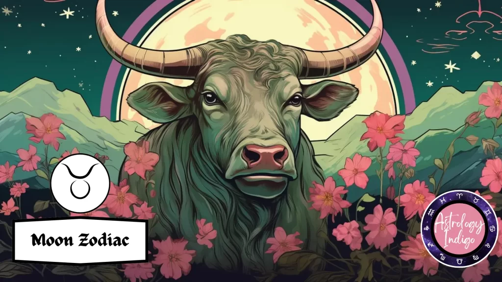 A Bull that represents Taurus stands tall in a field of flowers in front of the moon