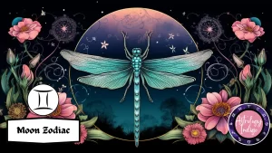 A Dragonfly representing Gemini is placed in front of the moon surrounded by flowers