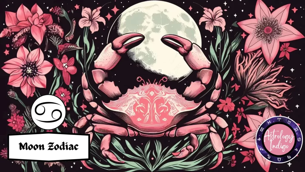 A crab is surrounded by pink flowers in front of the moon