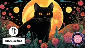 A black cat representing Virgo sits in front of a golden moon and stars among flowers