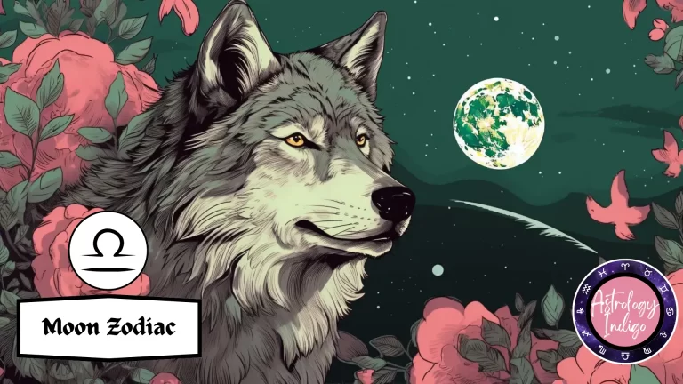 A grey wolf representing Libra sits among flowers in front of the moon