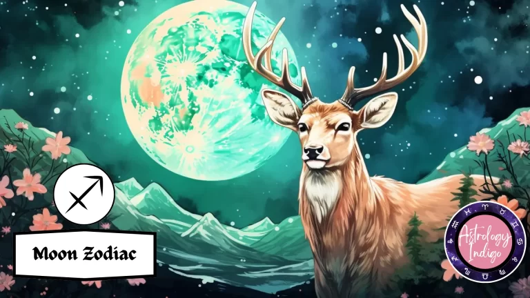 A buck deer representing Sagittarius stands in front of the moon and mountains