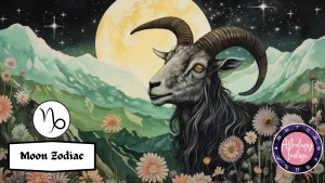 A goat representing Capricorn looks up at the mountains in front of the moon