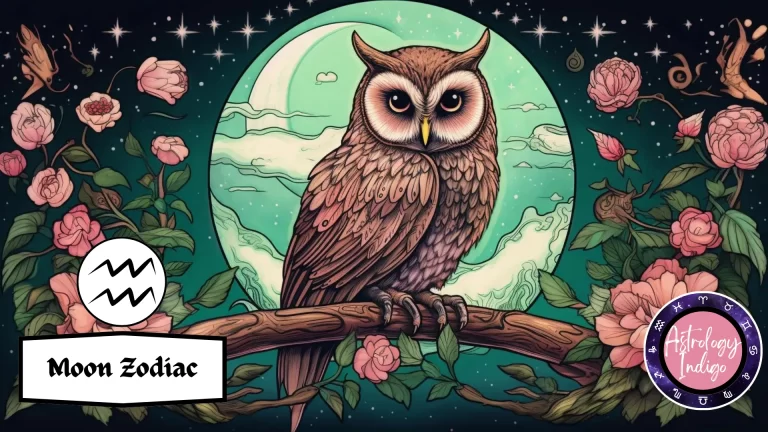 An owl representing Aquarius sits in front of the moon on a branch with pink flowers
