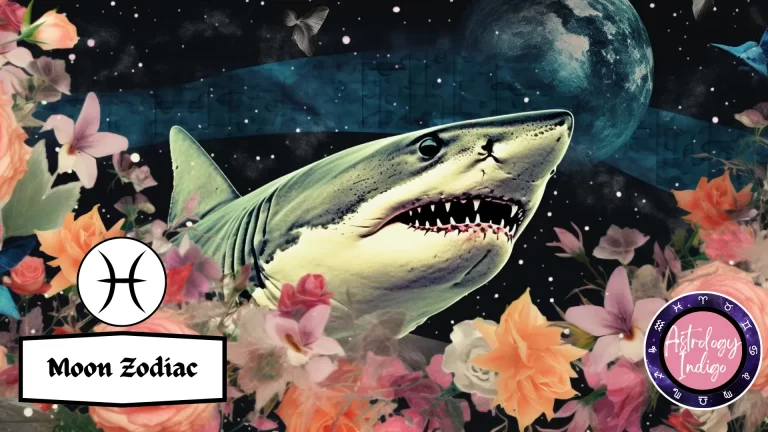 A shark representing Pisces floats in front of the night sky surrounded by flowers