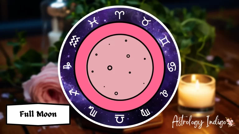 A symbol of a Full Moon is surrounded by the Zodiac signs on a table with flowers and candles