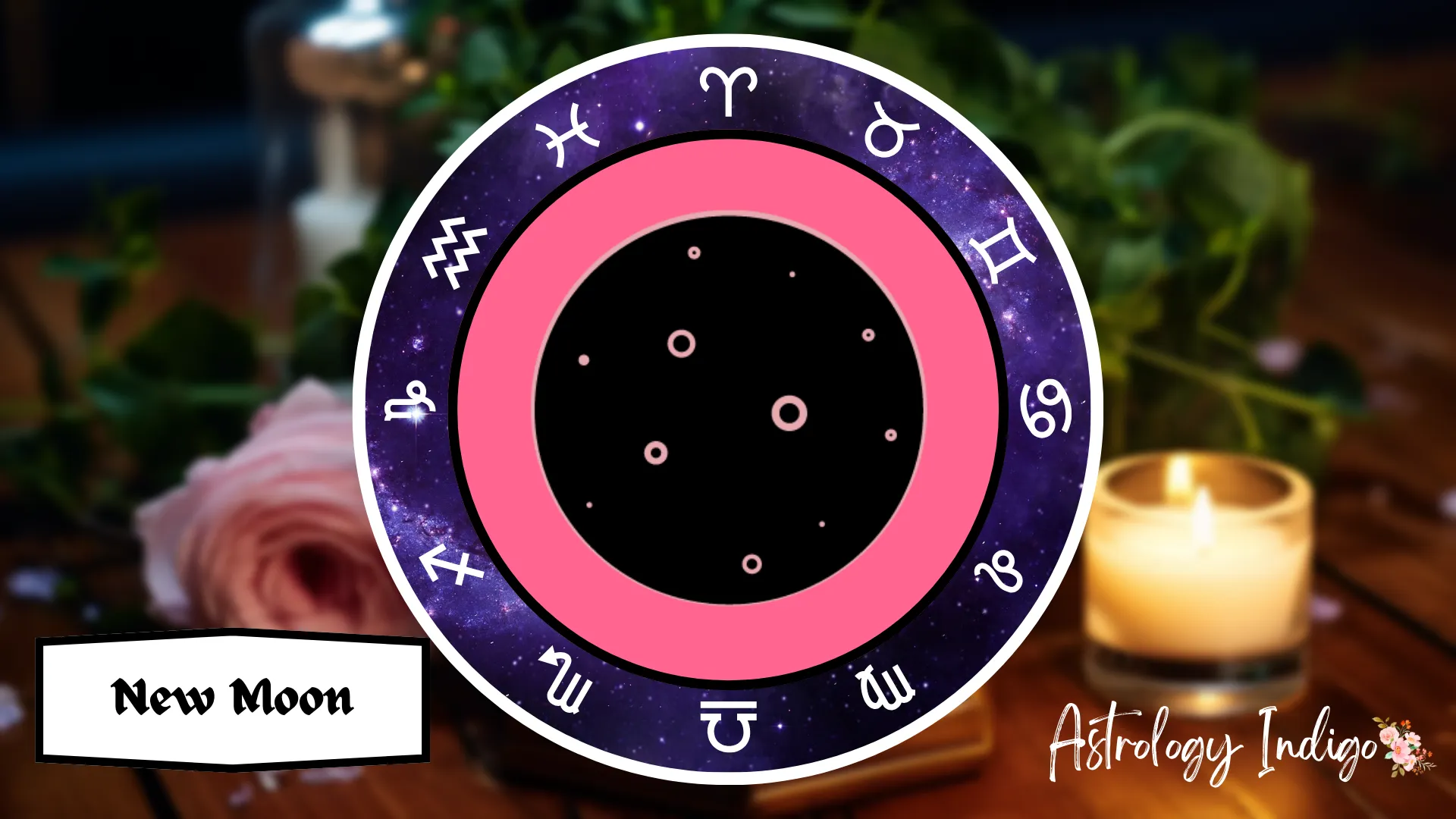 A symbol of a New Moon is surrounded by the Zodiac signs on a table with flowers and candles