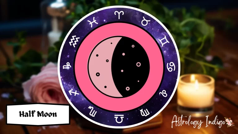 A symbol of a Half Moon is surrounded by the Zodiac signs on a table with flowers and candles